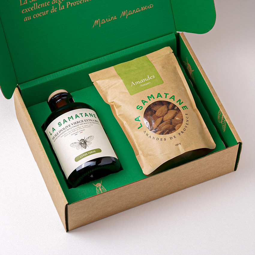 packaging, coffret carton bouteille et amande